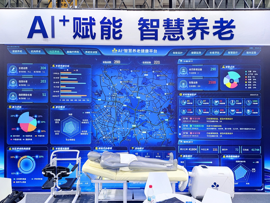 AI-enabled smart senior care data visualization platform shown at the 2025 Shenzhen International Smart Elderly Care Industry Expo, south China's Guangdong Province. /VCG