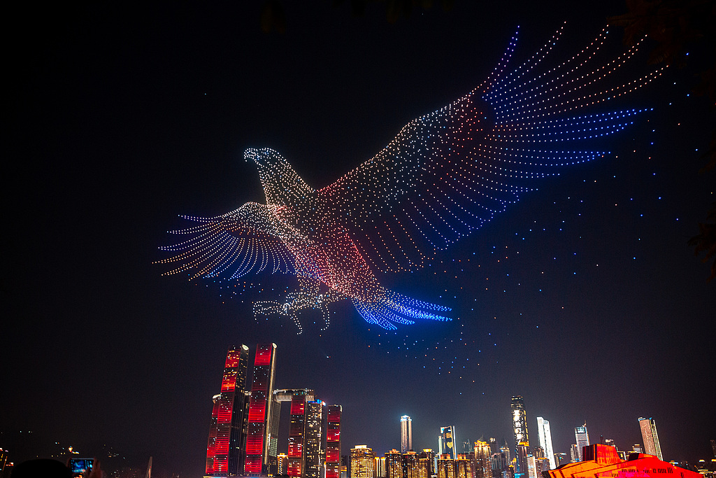 A drone light show along Chongqing's Nanbin Road staged on February 20, 2026. /VCG