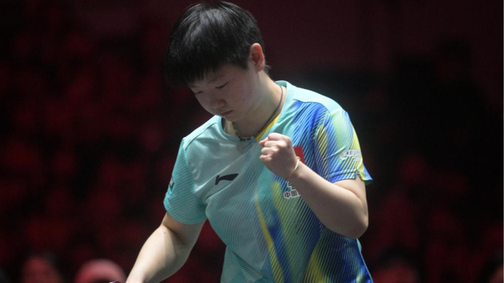 Sun Yingsha of China celebrates after taking a point against compatriot Wang Manyu in the women's singles final at the WTT (World Table Tennis) Singapore Smash in Singapore, March 1, 2026. /Xinhua