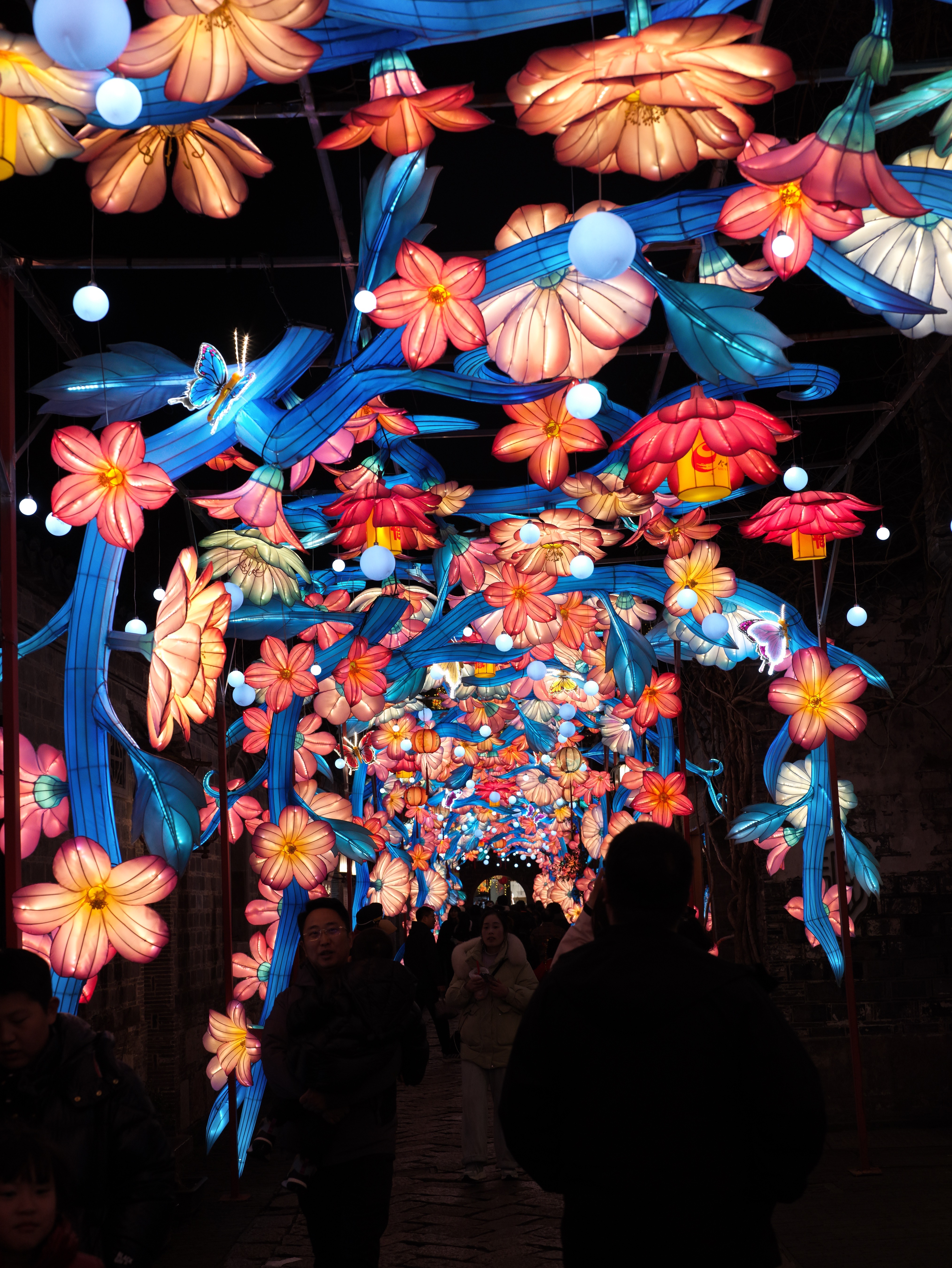 Visitors walk under splendid flower lanterns in the Laomendong historical district, Nanjing City, east China's Jiangsu Province, February 25, 2026. Chen Hongyu/CGTN