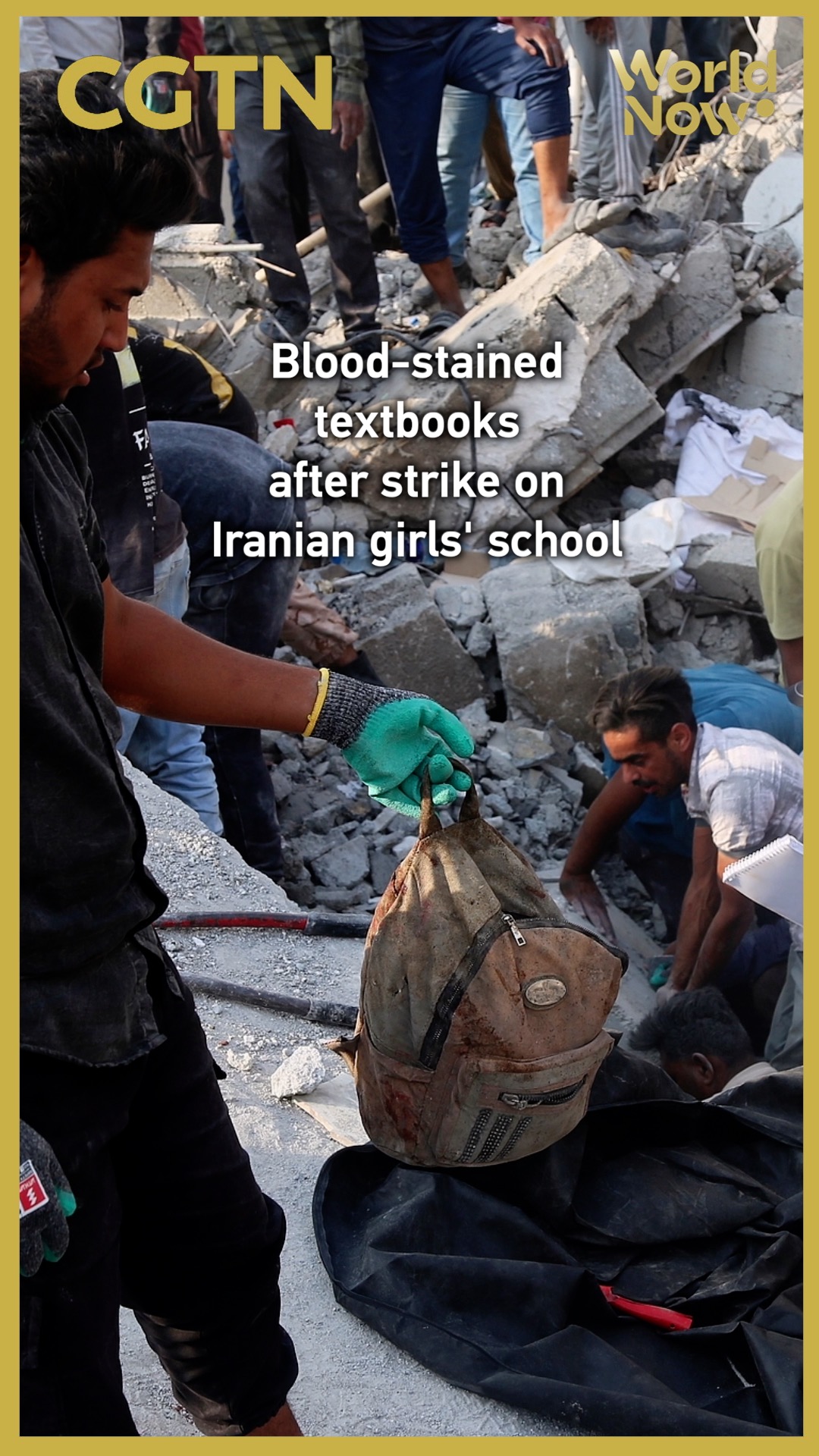 Blood-stained textbooks after strike on Iranian girls' school