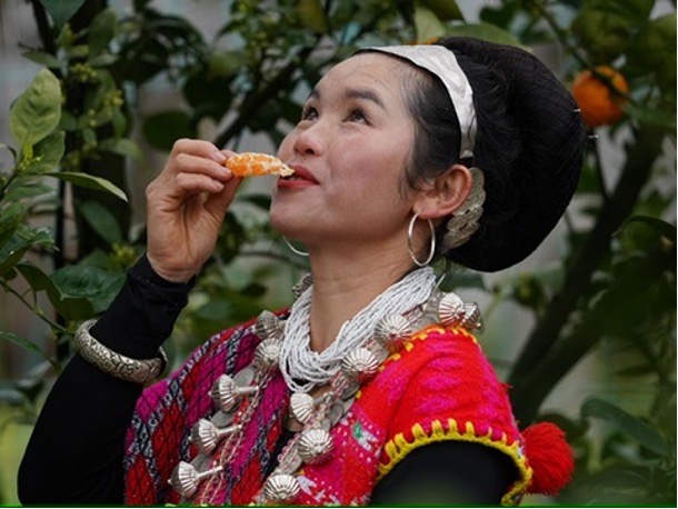  A woman enjoys freshly-picked fruit in an orchard in a Deng resettlement village, Zayu County, Nyingchi City, Xizang. /CGTN