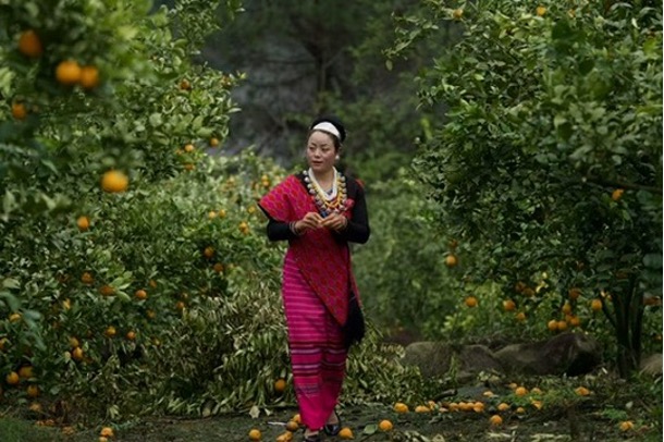A Deng woman walks through a citrus orchard in a Deng resettlement village, Zayu County, Nyingchi City, Xizang. /CGTN