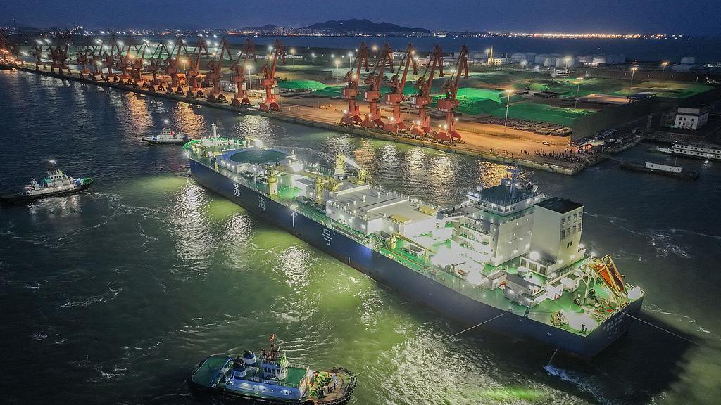 China's Suhai-1, the world's first deep-sea salmon and trout aquaculture vessel, docks at the ​​Lianyungang Port, Jiangsu Province. 
