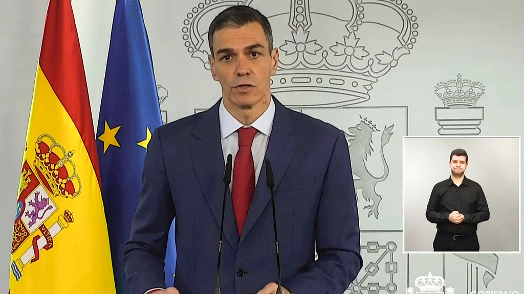 Spanish Prime Minister Pedro Sanchez speaking during an institutional statement at the Moncloa Palace in Madrid, Spain, March 4, 2026. /VCG