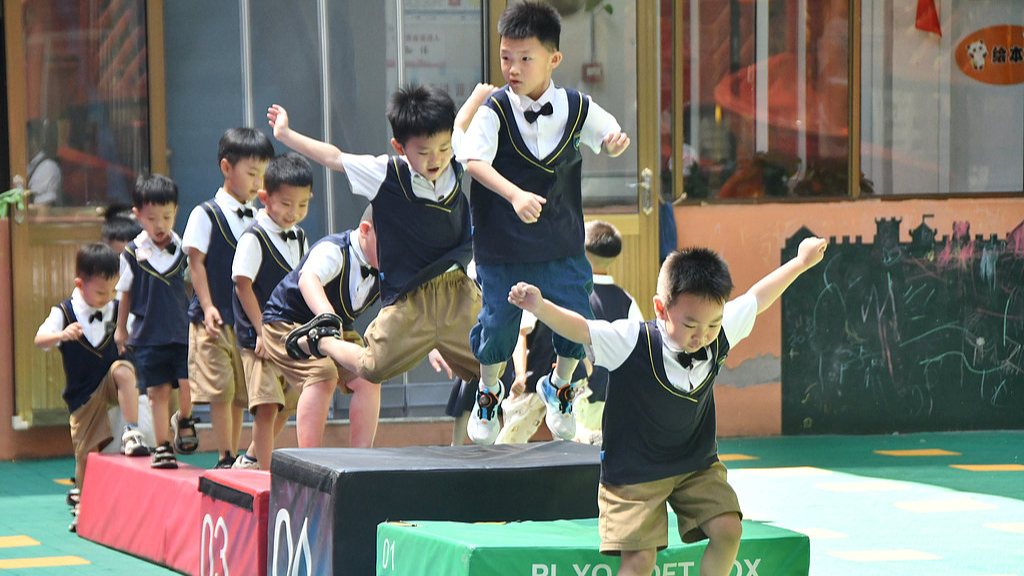 Children exercise at a kindergarten in Hebei Province, China, August 12, 2025. /VCG