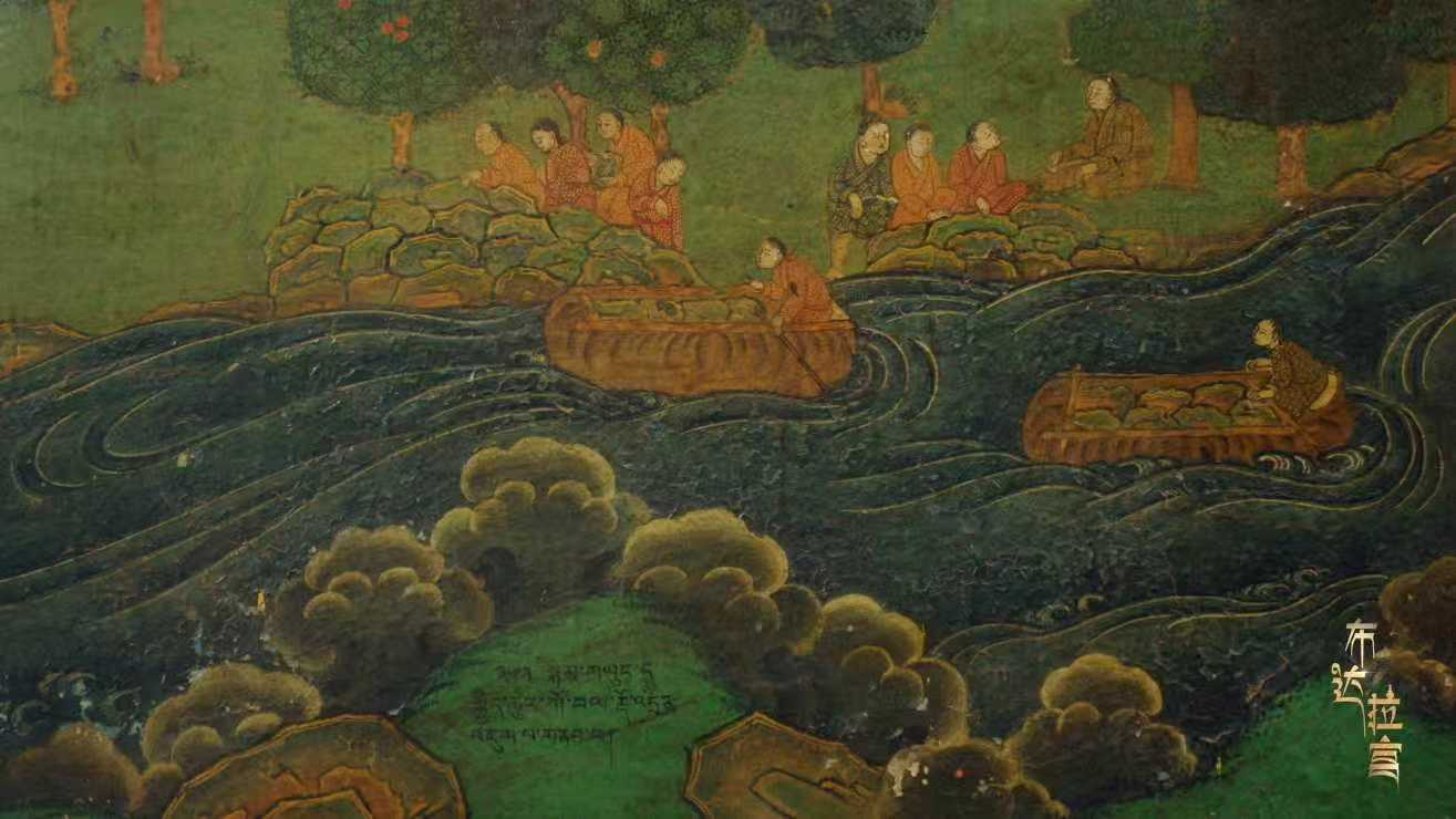 Murals in the Potala Palace depict craftsmen transporting red clay and stone by bullhide boats during the palace's construction, Lhasa.