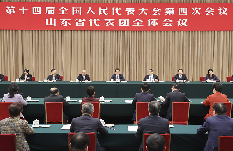 Chinese Vice President Han Zheng joins lawmakers from the delegation of Shandong Province to deliberate on the government work report at the fourth session of the 14th National People's Congress in Beijing, capital of China, March 5, 2026. /Xinhua