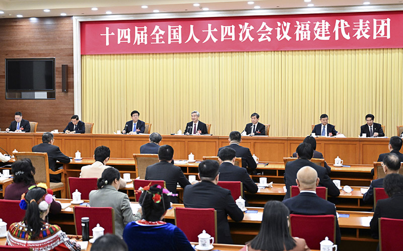 Li Xi, a member of the Standing Committee of the Political Bureau of the Communist Party of China Central Committee and secretary of the CPC Central Commission for Discipline Inspection, joins lawmakers from the delegation of Fujian Province to deliberate on the government work report at the fourth session of the 14th National People's Congress in Beijing, capital of China, March 5, 2026. /Xinhua