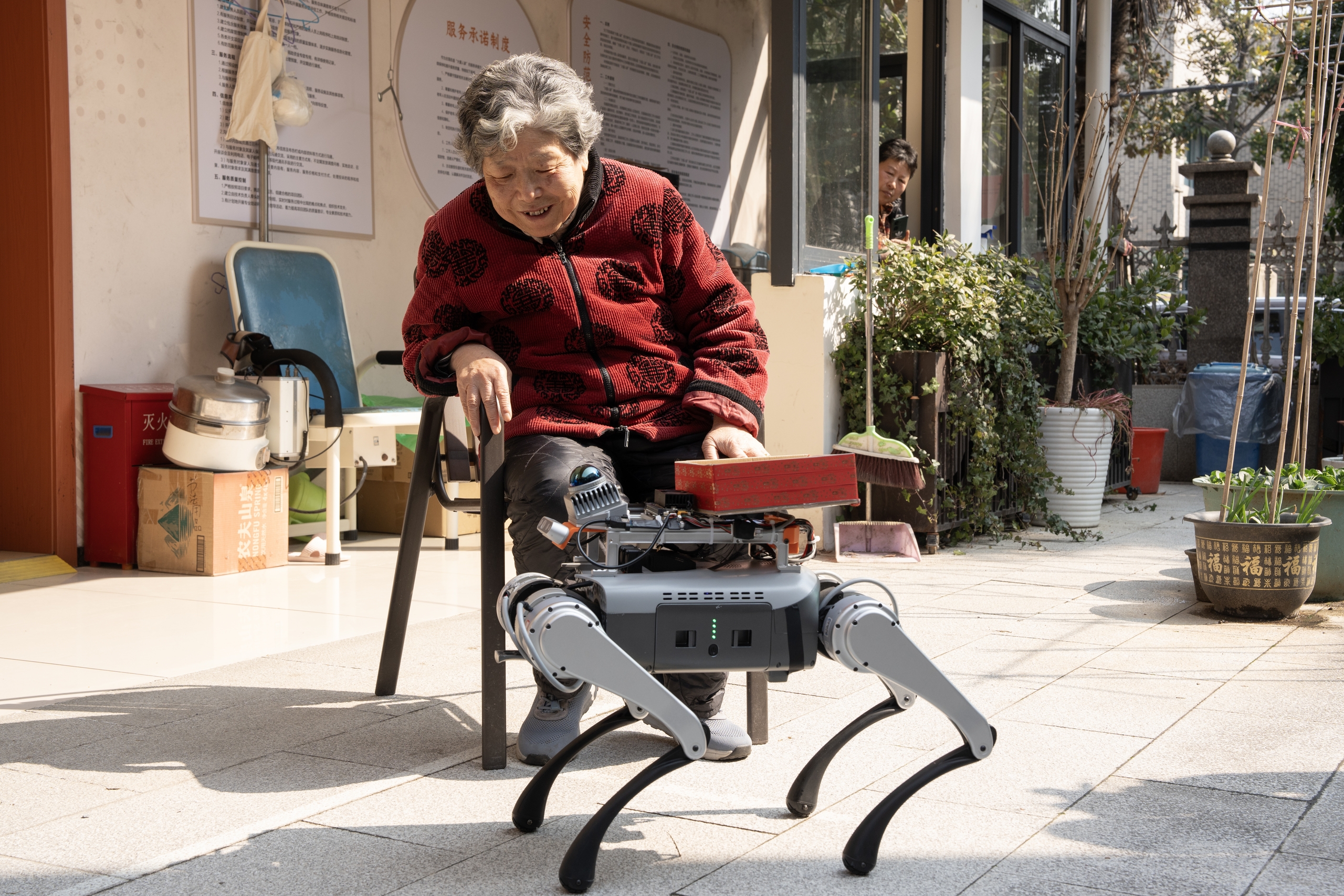 An elderly woman interacts with a robotic dog in Hangzhou, Zhejiang Province on February 24, 2025. /IC