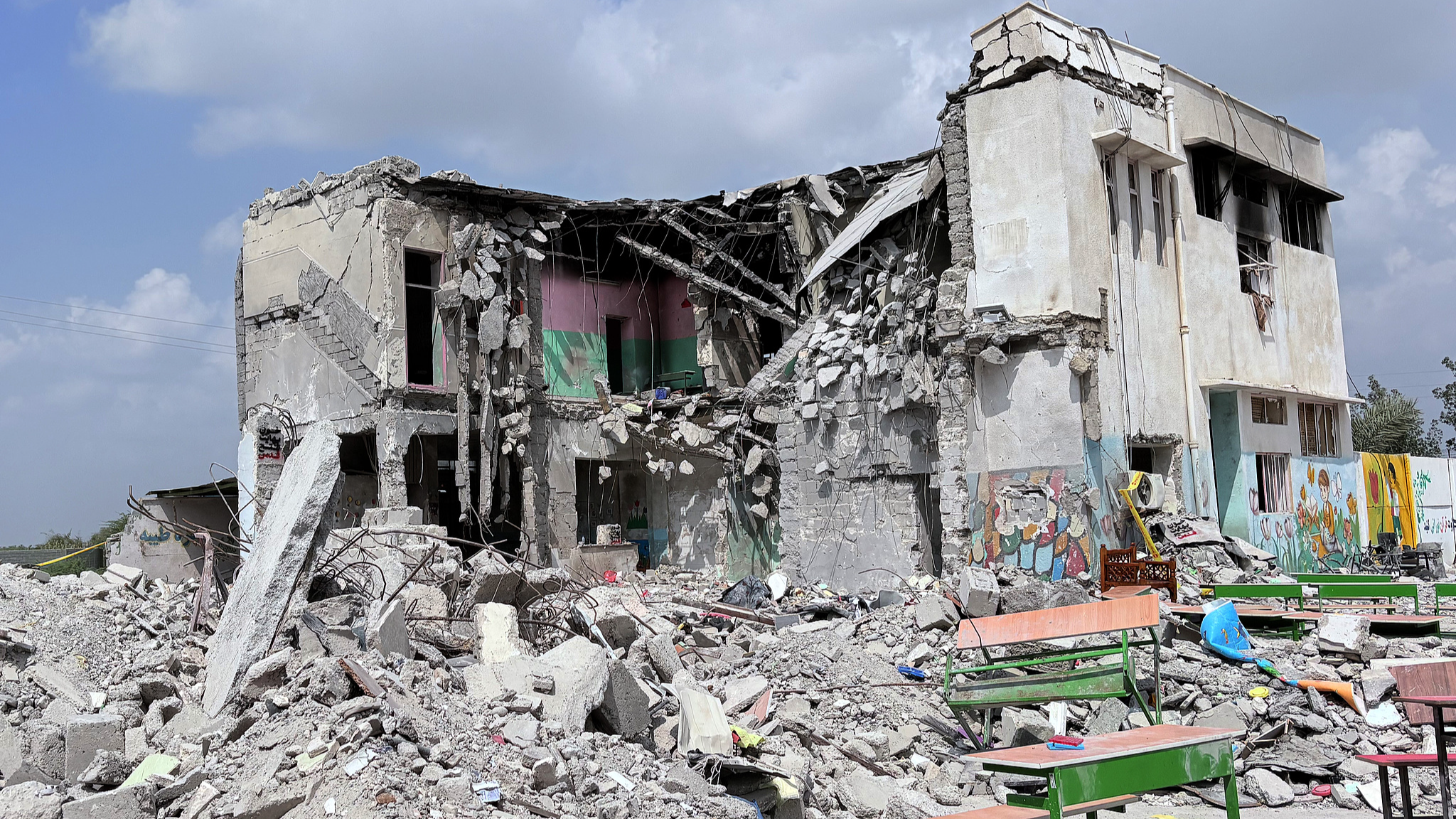 Debris at a school in Hormozgan, Iran, where students and teachers were killed on the first day of US-Israeli strikes against the country, March 5, 2026. /VCG
