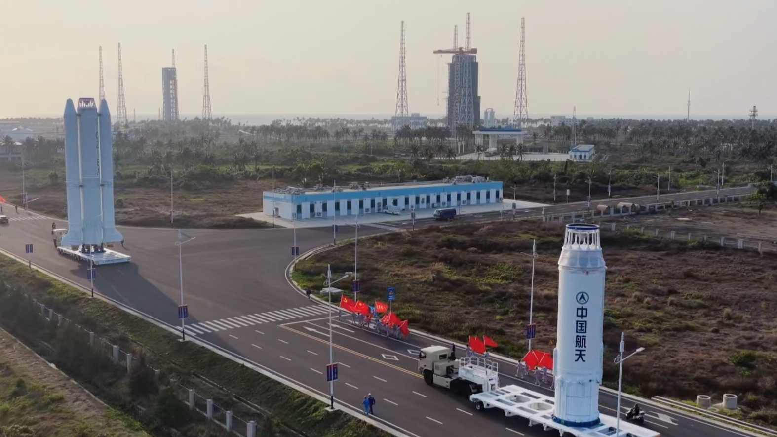 The Long March 8A (CZ-8A) Y8 rocket is vertically transported to its launchpad at the Hainan Commercial Space Launch Site, in south China's Hainan Province, March 7, 2026. /China Media Group