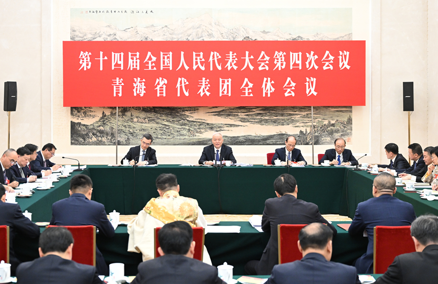 Cai Qi, a member of the Standing Committee of the Political Bureau of the Communist Party of China (CPC) Central Committee and a member of the Secretariat of the CPC Central Committee, takes part in a group deliberation with his fellow deputies from Qinghai Province at the fourth session of the 14th National People's Congress in Beijing, China, March 7, 2026. /Xinhua