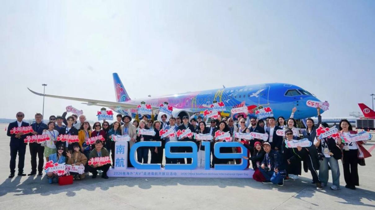 Global influencers visit China's homegrown large passenger jet C919, Guangzhou, south China's Guangdong Province, March 6, 2026. /China Southern Airlines