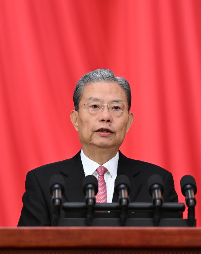 Zhao Leji, chairman of the NPC Standing Committee, delivers the work report of the NPC Standing Committee at the second plenary meeting of the fourth session of the 14th NPC at the Great Hall of the People in Beijing, China, March 9, 2026. /Xinhua
