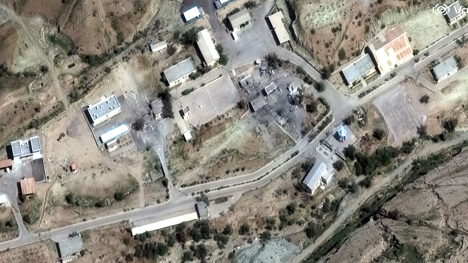 The satellite image provided by Vantor shows damaged buildings following airstrikes at the Khorgu missile base in Khorgu, Iran, March 9, 2026. /VCG