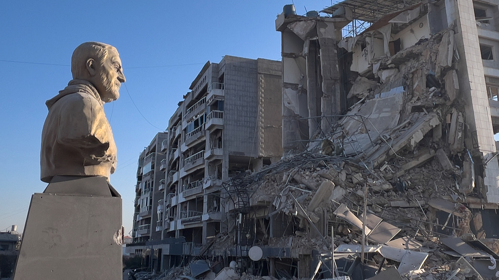 A file photo of a destroyed building which once housed a branch of a non-bank financial institution run by Hezbollah that was hit by an Israeli air strike in southern Beirut, Lebanon, March 10, 2026. /VCG