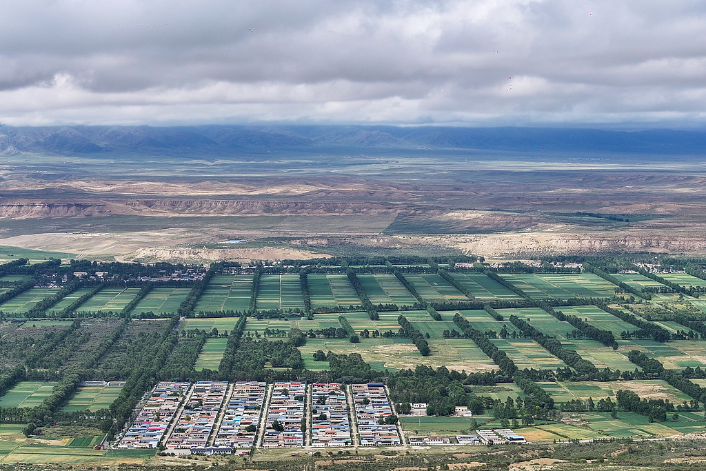 A drone photo shows a desert control site in Shazhuyu Township, Gonghe County, Hainan Prefecture, northwest China's Qinghai Province, a site of the sixth phase of the Qinghai Three-North Shelterbelt project, August 5, 2025. /VCG