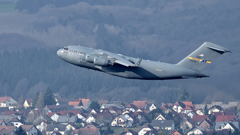 A US Air Force aircraft takes off from the Ramstein Air Base near Landstuhl, Germany, March 9, 2026. The Ramstein Air Base, the largest US military facility outside of the United States, serves as a key coordination hub for the Middle East operations. /VCG