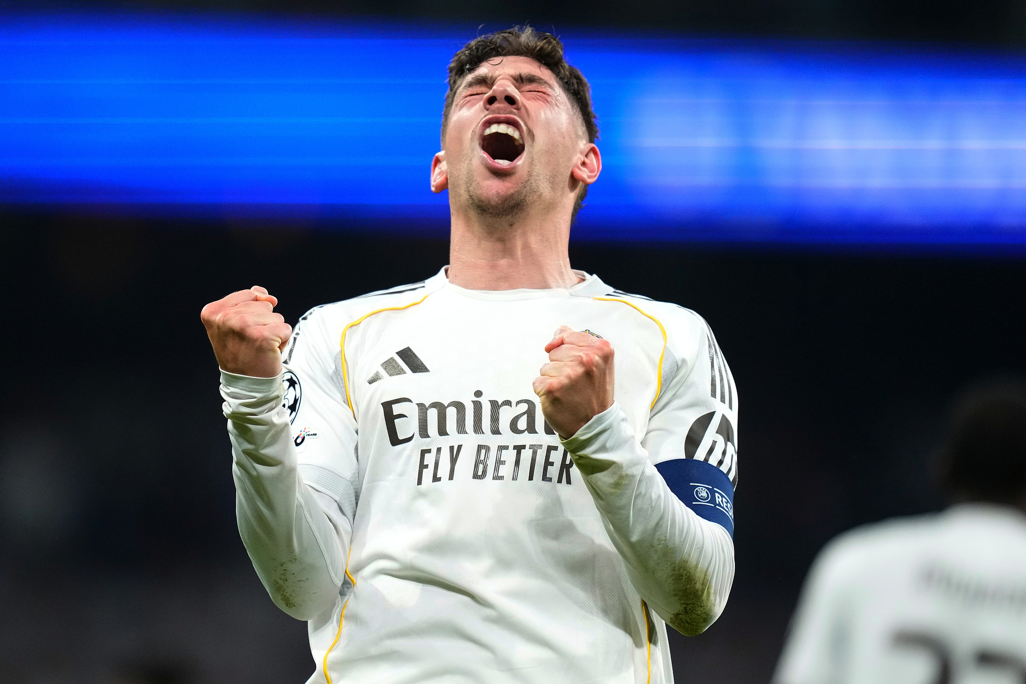 Federico Valverde of Real Madrid celebrates after scoring a goal in the first leg of the UEFA Champions League round of 16 against Manchester City at Estadio Bernabeu in Madrid, Spain, March 11, 2026. /VCG