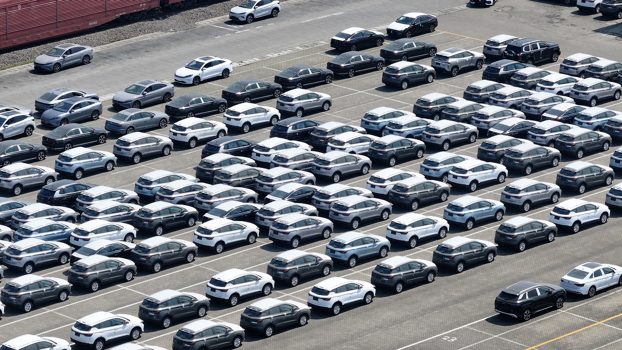 Electric vehicles ready for loading onto a Shanghai-Europe freight train at Minhang Railway Station in Shanghai, China, April 18, 2025. /VCG