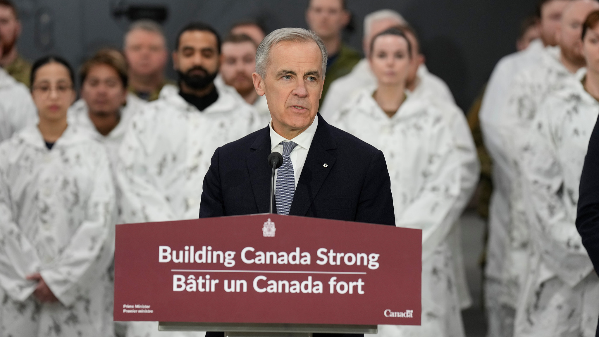Canadian Prime Minister Mark Carney speaks during an announcement to defend and transform Canada's Northern and Arctic regions in Yellowknife, N.W.T., Canada, March 12, 2026. /VCG