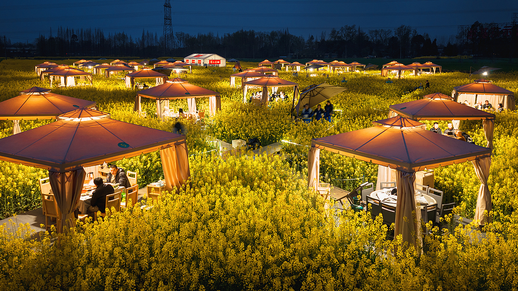People enjoy Sichuan hotpot in a rapeseed flower field in Chongzhou, Sichuan Province on March 5, 2026. /VCG