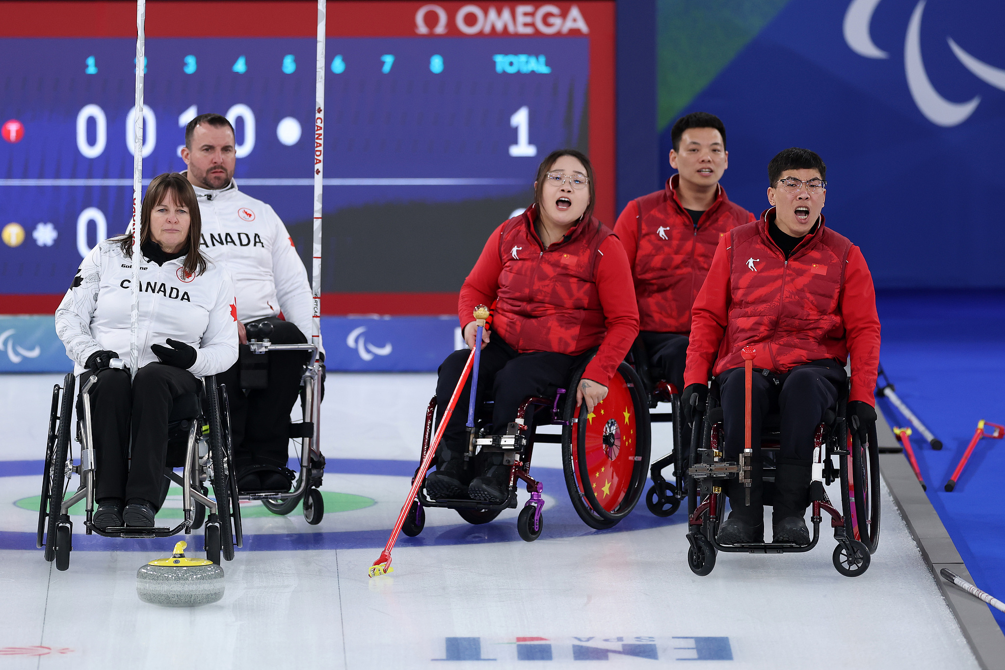 Wheelchair Curling Mixed Team Gold Medal game between Team People's Republic of China and Team Canada of the Milano Cortina 2026 Winter Paralympic in Cortina d'Ampezzo, Italy, March 14, 2026. /VCG
