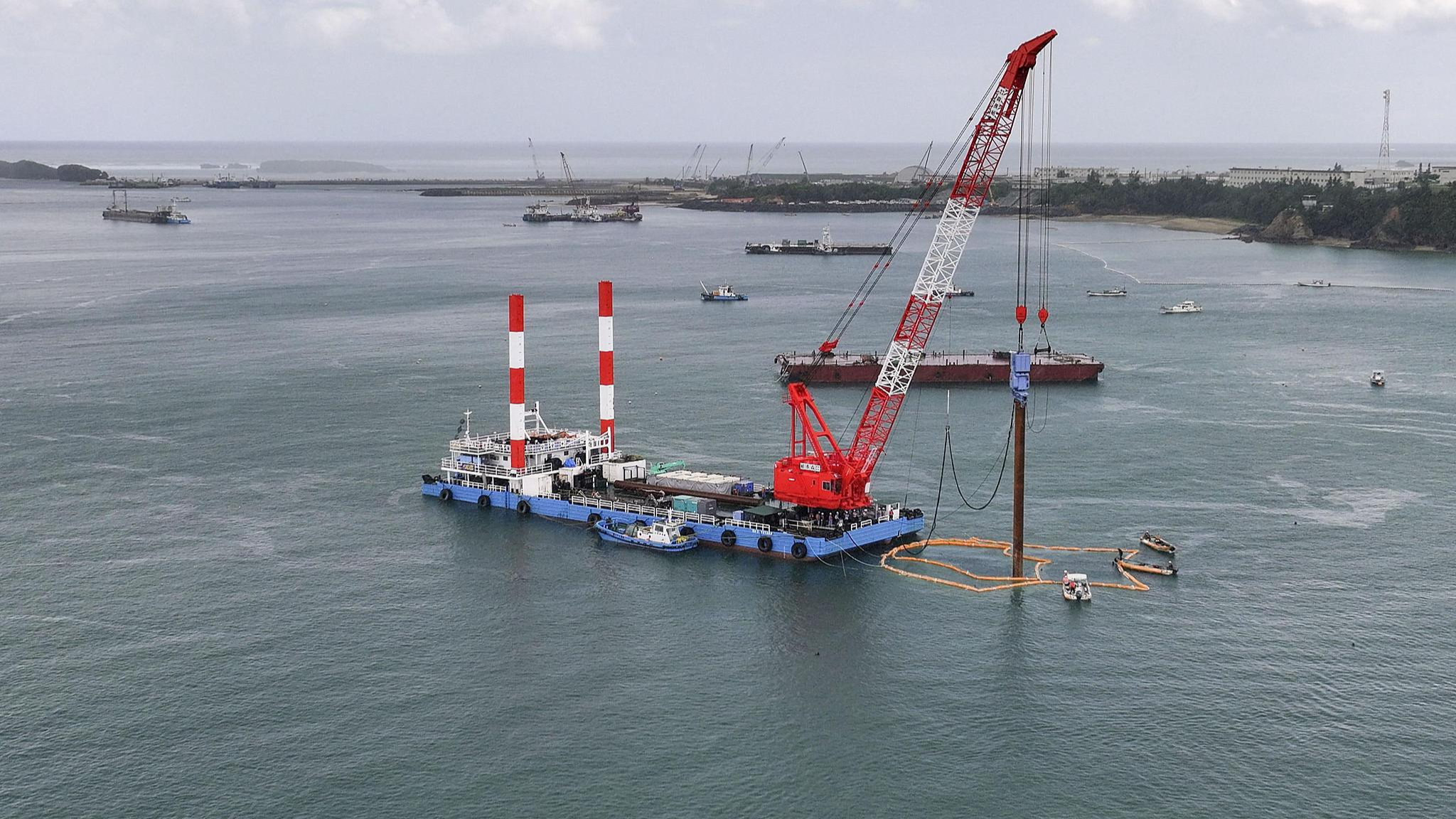 Construction of a new US military base is underway in Henokon's Oura Bay in Nago City, Okinawa, Japan, August 20, 2024. /VCG