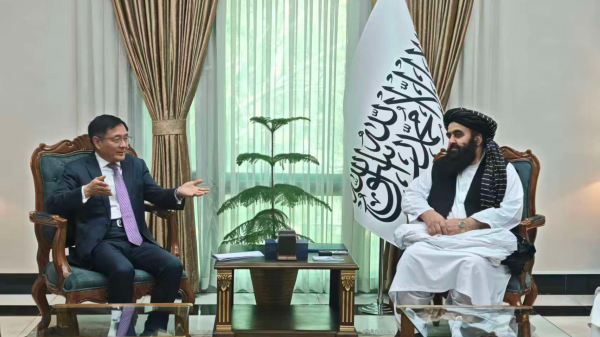 China's Special Envoy on Afghan Affairs Yue Xiaoyong meets with Afghan Foreign Minister Mawlawi Amir Khan Muttaqi. /Chinese Ministry of Foreign Affairs