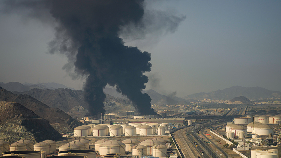 Fire and plumes of smoke rise from a petroleum facility in Fujairah, United Arab Emirates, March 14, 2026. /VCG