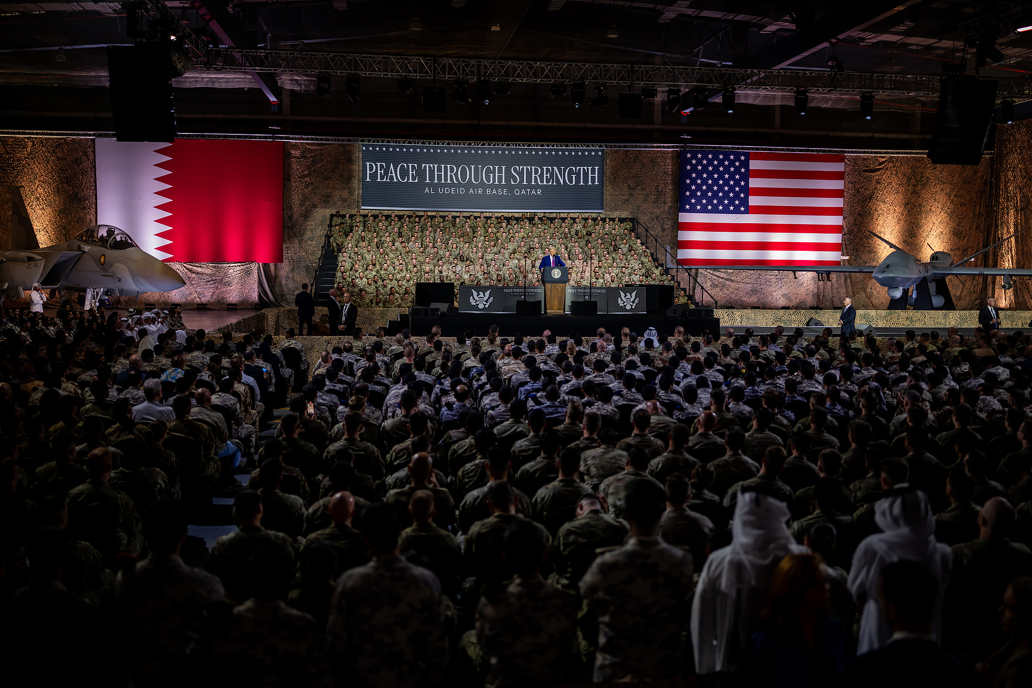US President Donald Trump addresses troops at the Al-Udeid air base southwest of Doha in Qatar, May 15, 2025. /CFP