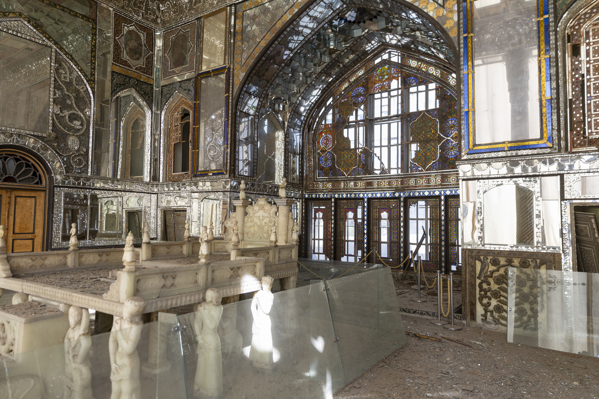 Debris litters the floor during a press tour of Golestan Palace, a UNESCO World Heritage site that dates back to the Qajar dynasty era, after it was damaged during the US and Israeli airstrikes in Tehran, Iran, March 3, 2026. /VCG