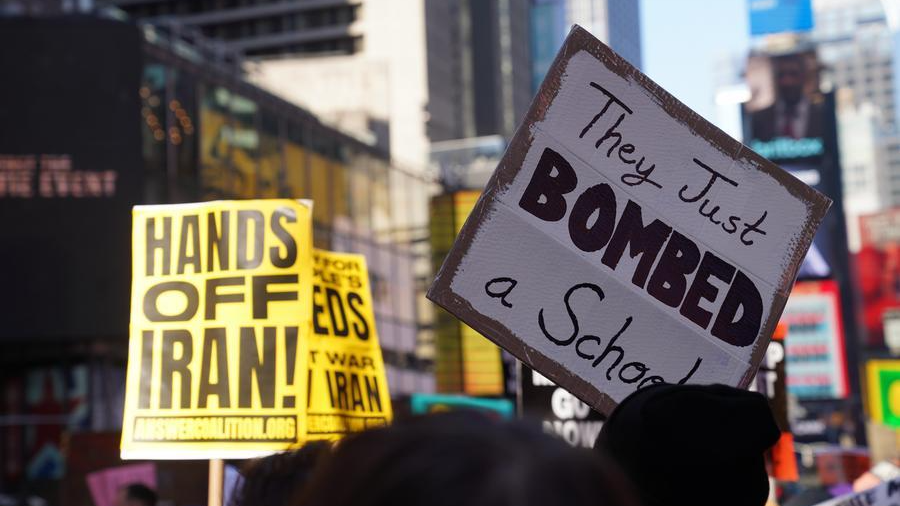 People attend a protest against US-Israeli attacks on Iran, in New York, the United States, February 28, 2026. /Xinhua