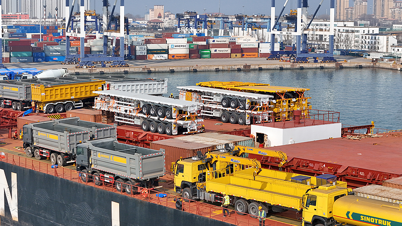A cargo ship carrying Chinese-made trucks set sail from Yantai Port in Yantai City, east China's Shandong Province, March 16, 2026. /CFP