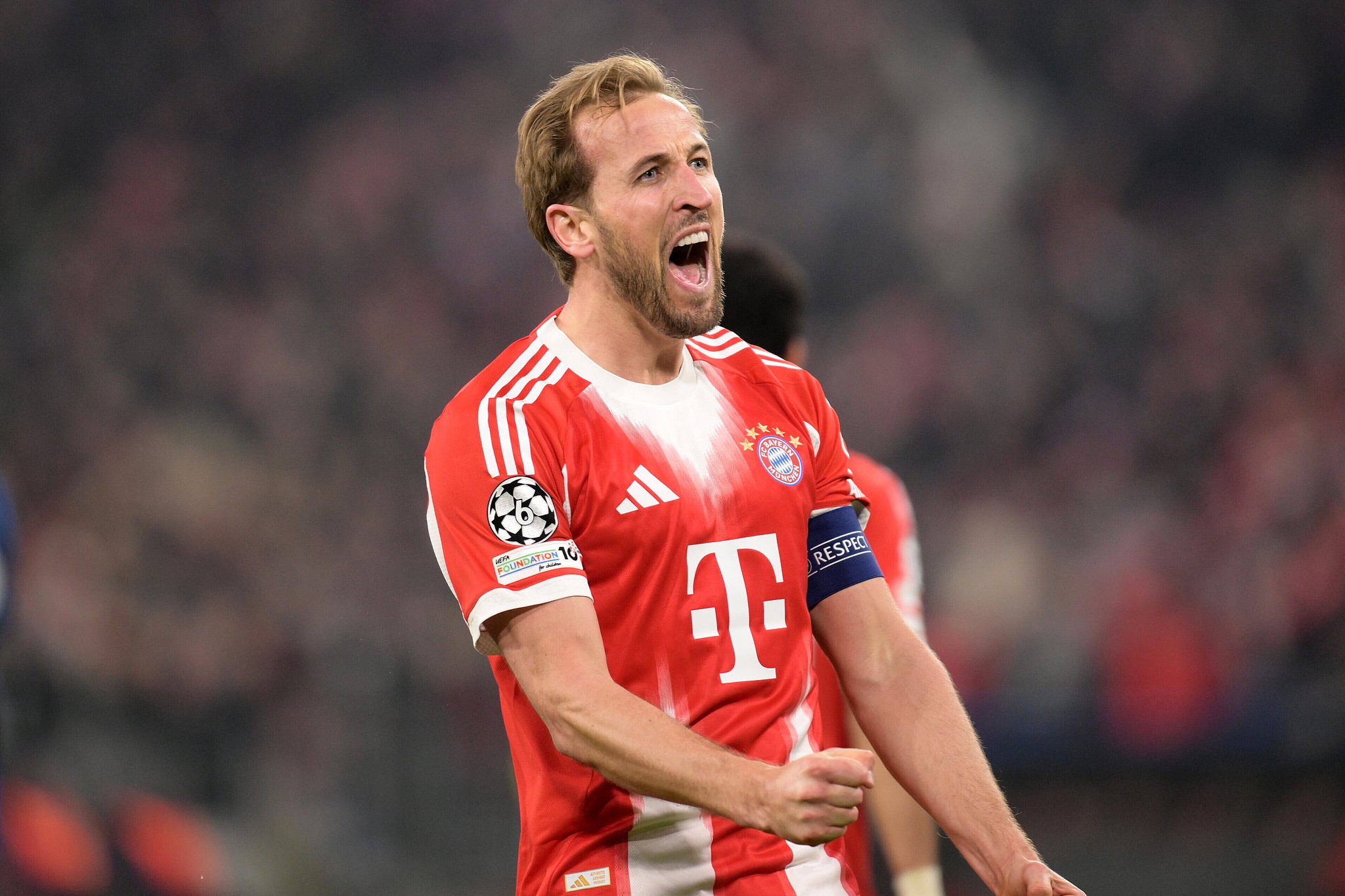 Bayern Munich's Harry Kane celebrates during the Champions League round of 16, second leg match between Bayern Munich and Atalanta in Munich, Germany, March 18, 2026. /VCG