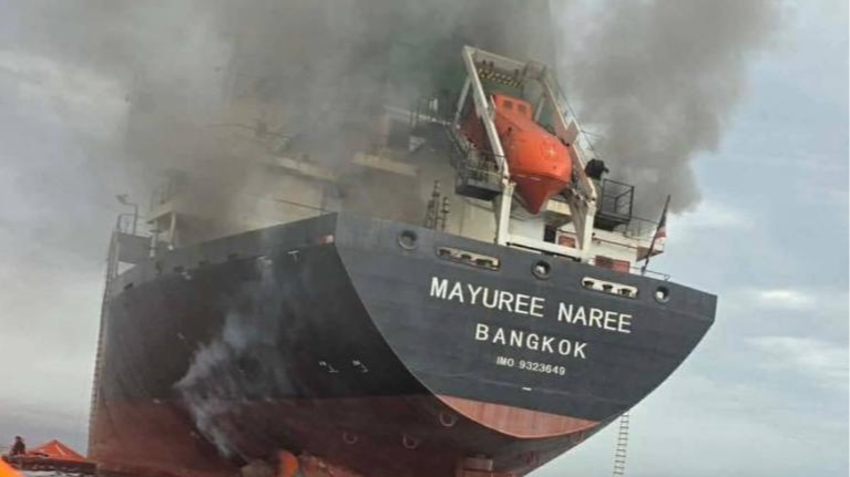 A fire breaks out on a Thai cargo ship after it was struck in the Strait of Hormuz, March 11, 2026. /Xinhua