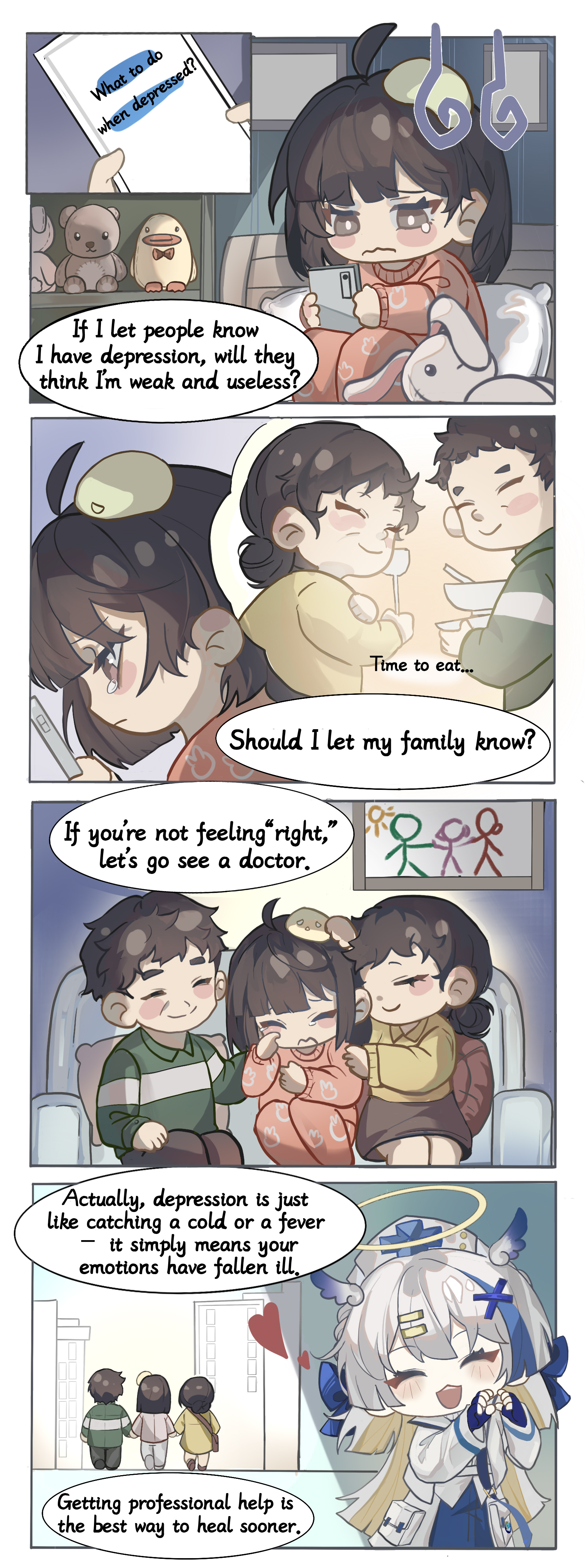 Comic encouraging seeking professional help when feeling depressed.