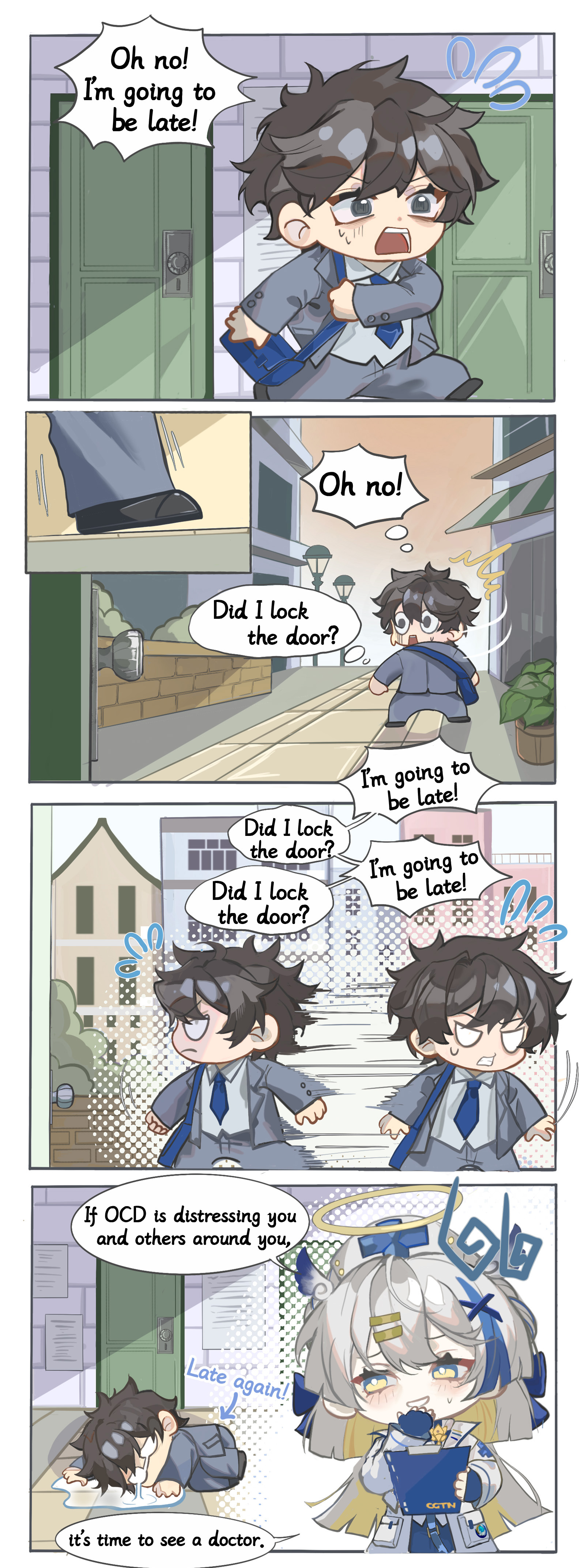 Comic showing signs of obsessive-compulsive disorder (OCD).