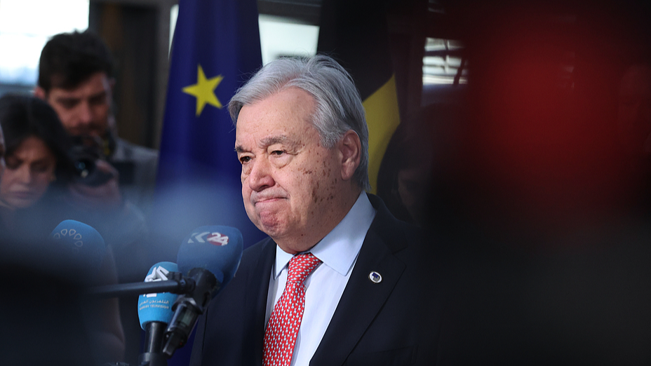 United Nations Secretary General Antonio Guterres delivers a statement during a media conference at the EU summit in Brussels, Belgium, March 19, 2026. /VCG