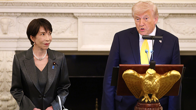 US President Donald Trump speaks as Japanese Prime Minister Sanae Takaichi looks on before a state dinner at the White House in Washington, DC, the United States, March 19, 2026. /CFP