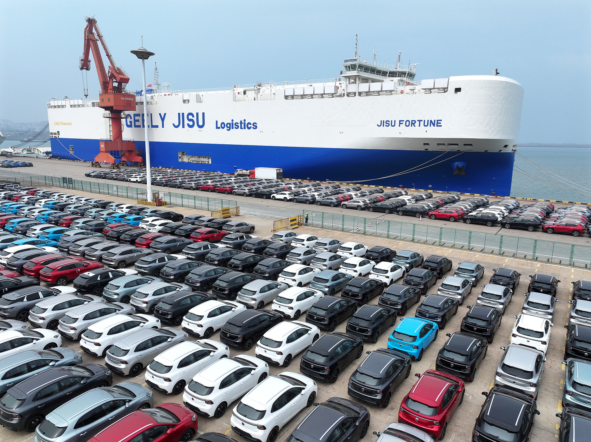 Nearly 5,000 Chinese-made cars wait to be shipped to the UK at Dongfang Port, Jiangsu, March 23, 2026. /VCG