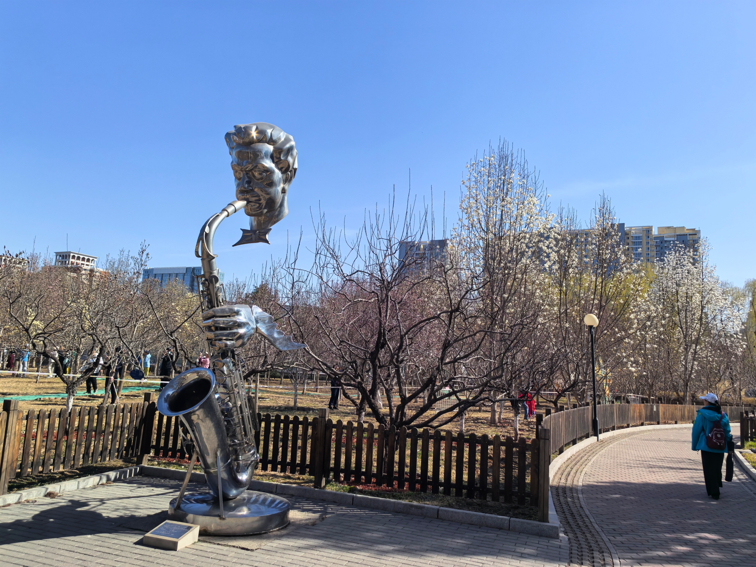 A sculpture installment titled Glamor of Home Town is seen amid yulan magnolia flowers at the Beijing International Sculpture Park on March 22, 2026. /CGTN