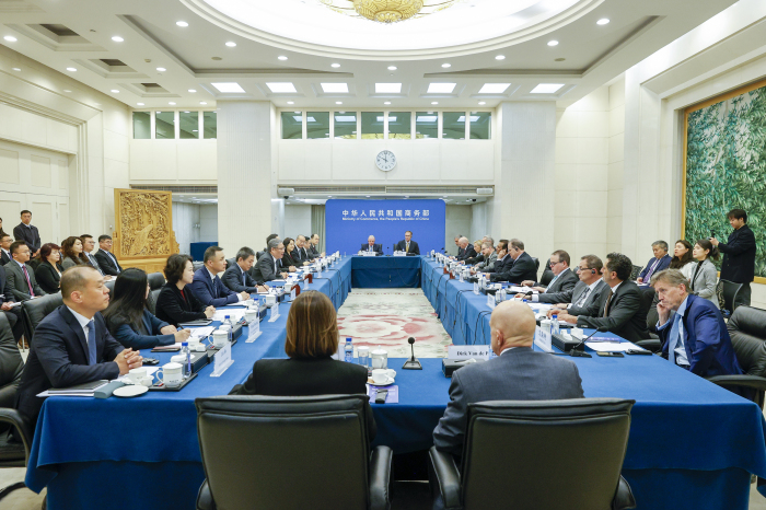 Chinese Minister of Commerce Wang Wentao holds talks with a delegation of US-China Business Council member companies in Beijing, China, March 23, 2026. /Chinese Commerce Ministry