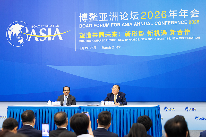 Zhang Jun, secretary general of the Boao Forum for Asia, briefs the media at the annual conference 2026 held in Boao, south China's Hainan Province. /VCG
