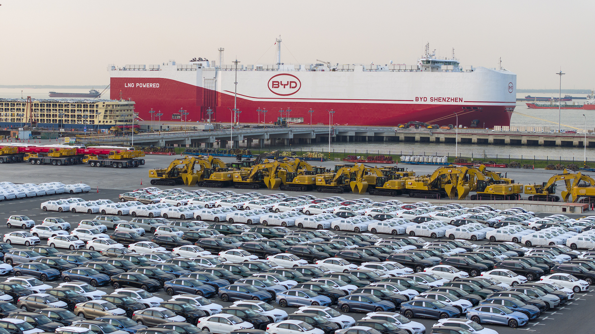 The BYD transport ship is being loaded with thousands of new energy vehicles, about to embark on its maiden voyage to Brazil, at Haitong Terminal in Taicang Port Area of ​​Suzhou Port, Jiangsu Province, east China, April 27, 2025. /CFP