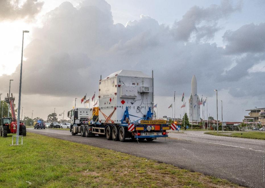 The flight model and ground support equipment are transported from Kourou port to the launch site. /ESA