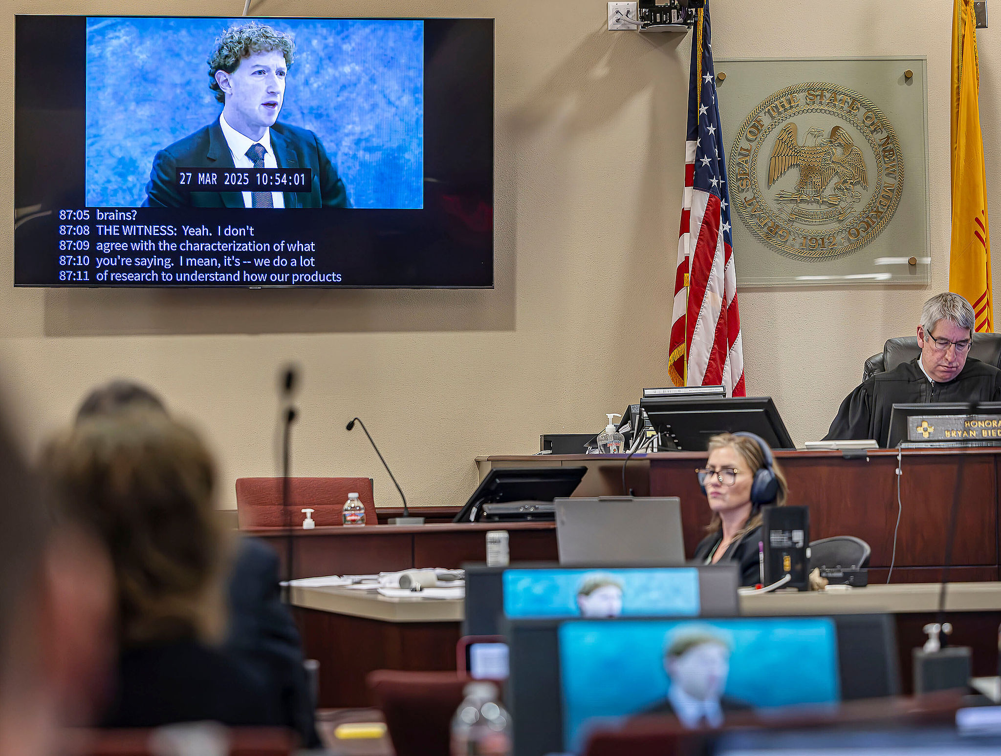 A recording of Meta Founder and CEO Mark Zuckerberg's deposition is played for the jurors in Santa Fe, New Mexico, on Wednesday, March 4, 2026. /VCG