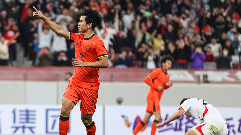 Xiang Yuwang celebrates a goal during the football match between China U-23 and the DPRK U-23 at 2026 CFA Team China International Youth Tournament in Xi'an, northwest China's Shaanxi Province, March 28, 2026. /VCG