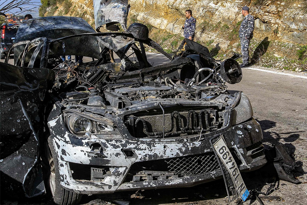 The husk of a destroyed vehicle that was used by a media crew of journalists who were killed in an Israeli air strike in southern Lebanon on March 28, 2026. /VCG